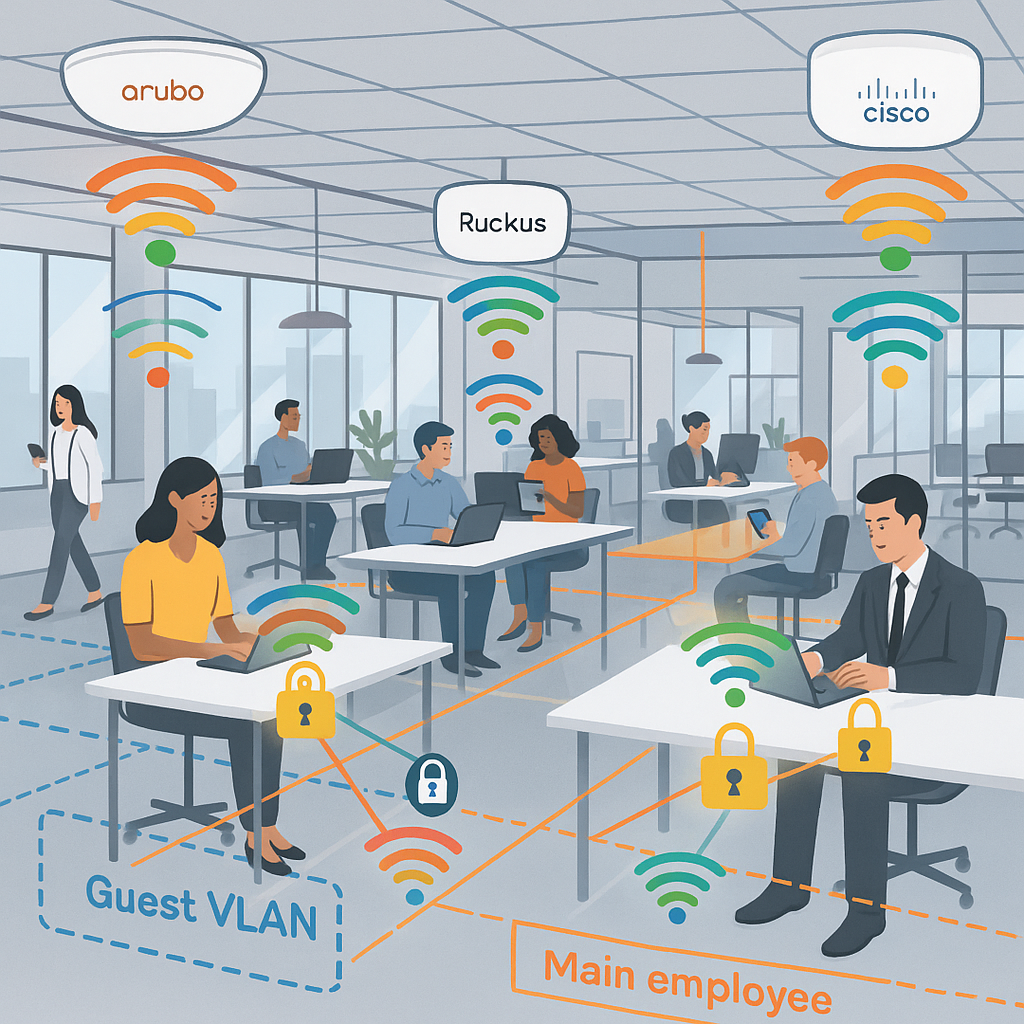 Kaasaegne kontori avatud plaan mitmete traadita tugijaamadega (Aruba, Ruckus, Cisco, Ubiquiti), WiFi laineid ja VLAN-segmentatsiooni näitavate visuaalidega
