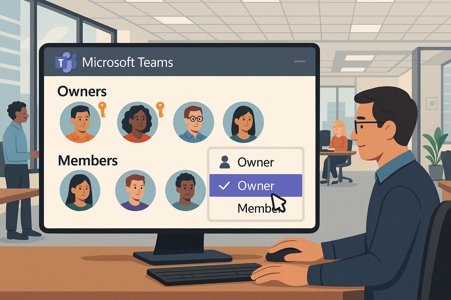 Kaasaegne kontor ja Microsoft Teams kasutajate rollide haldamine – omanikud ja liikmed selgelt eristatud