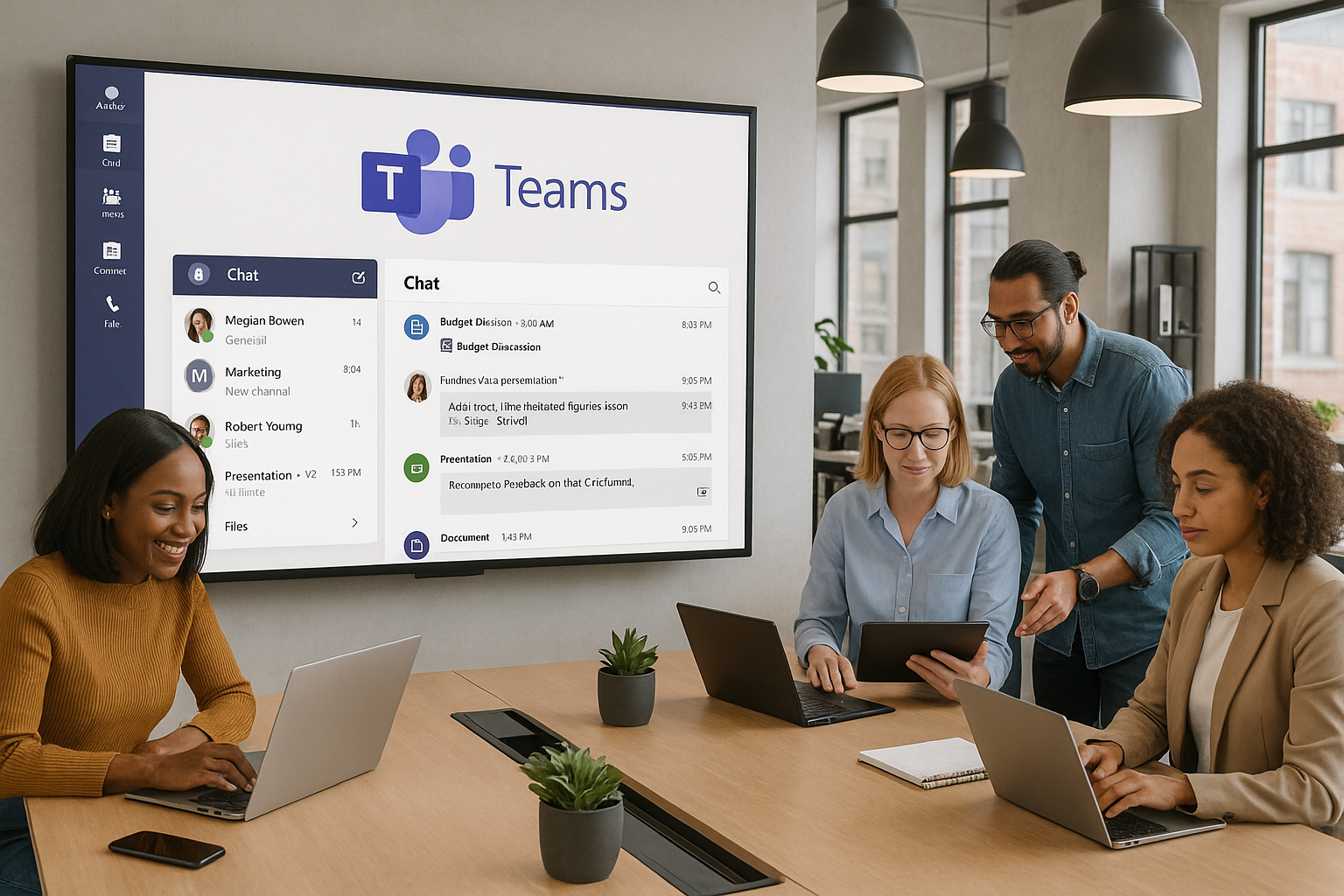 Kaasaegne avatud kontor, kus mitmekesised äriprofessionaalid teevad koostööd Microsoft Teamsi abil, ekraanil nähtavad Teamsi funktsioonid ja logo, rõhutades meeskonnatööd ja sujuvat digitaalkommunikatsiooni
