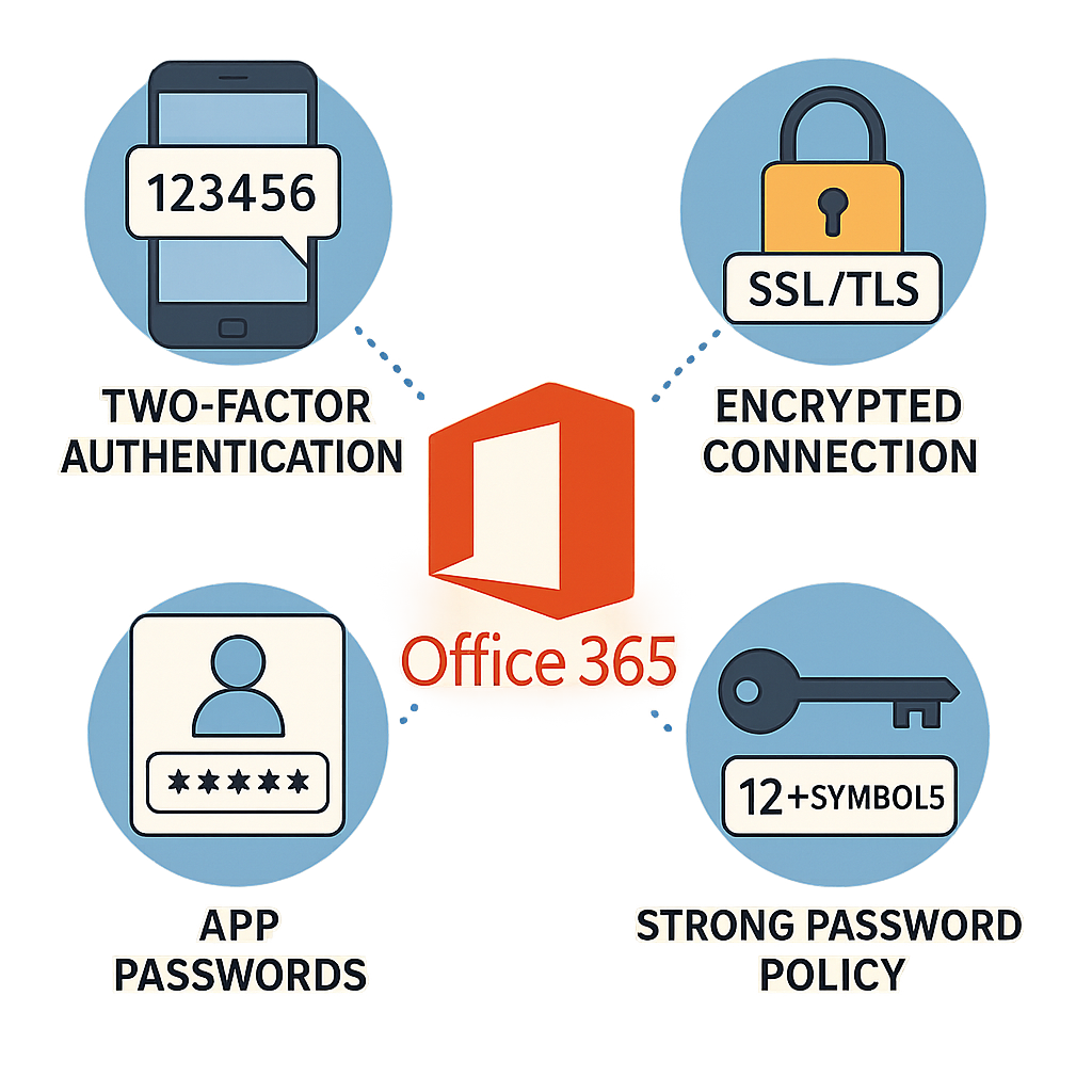 Infograafiline kujutis Office 365 meili turvalisuse parimatest tavadest: kaheastmeline autentimine, SSL/TLS krüpteering, tugeva parooli poliitika ning rakenduse paroolid, kõik Office 365 logo ümber, rõhutades organisatsiooni e-posti kaitset.
